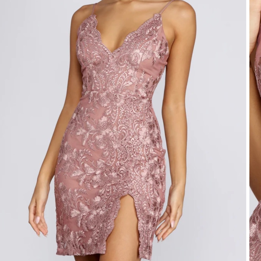 Windsor Dusty Rose Lace Appliqué Mini Dress